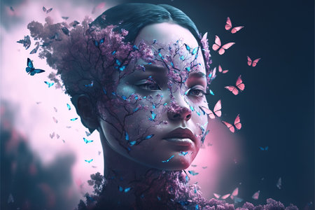 Magical fantasy forest princess design with springtime blossom flower bouquet hairstyle. Pink and teal makeup in fairytale design as pagan spirit of the forest. Superb Generative AIの素材