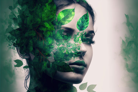 Beautiful woman portrait with blossom greenery foliage leaf hairstyle on isolated background double exposure. Girl face cover with blossom springtime leaves. Superb Generative AI.の素材