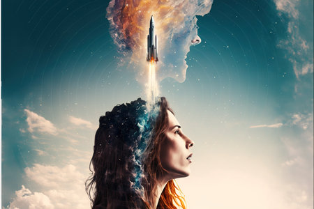 Double exposure woman portrait with space rocket takeoff and launch into sky as creative concept for business startup company symbolizing idea of company skyrocketing to success. Superb Generative AIの素材