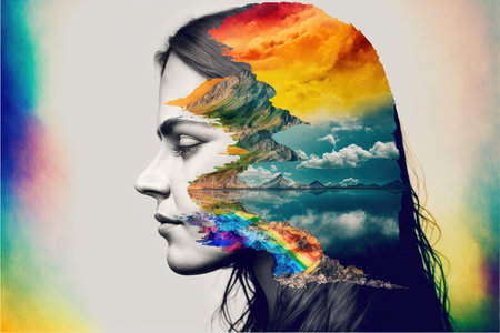 Double exposure woman portrait with vivid rainbow color smoke for positive mindset and creative state of mind and psychology concept. Meditative and mental ability abstract art. Superb Generative AIの素材