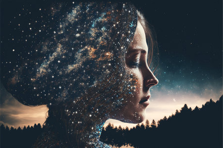 Double exposure image of woman portrait with starry night and nebula background for state of mind and psychological concept. Meditative and mental ability abstract art. Superb Generative AIの素材