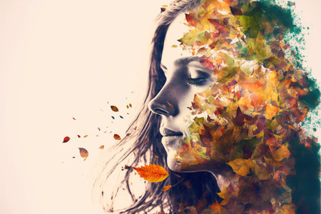Portrait of beautiful girl covered with autumnal orange leaves on her face. Autumn season with peaceful mindset for healthy mental in double exposure concept. Superb Generative AI.の素材
