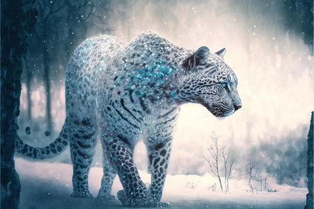 White leopard face in snow winter forest, predator in the wilderness. Creative artwork of wildlife animal. Superb Generative AI.の素材