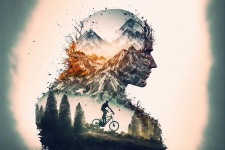 Image of double exposure silhouette biker and mountain forest landscape in creative modern abstract art. Nature and outdoor adventure or extreme sport in the wilderness concept. Superb Generative AI.の素材