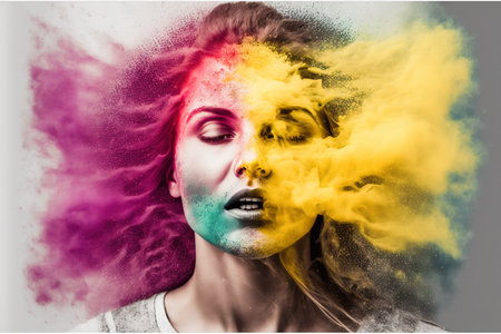 Woman with powerful vivid powder explosion on her head as symbol for inner stress and negative though for intense emotion mental health in modern abstract art design. Superb Generative AI.の素材