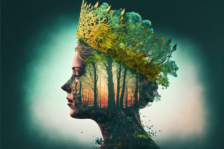 Majestic queen of the forest profile double exposure with natural greenery and foliage texture with crown floral design on her head. Fantasy princess of the woods. Superb Generative AI.の素材