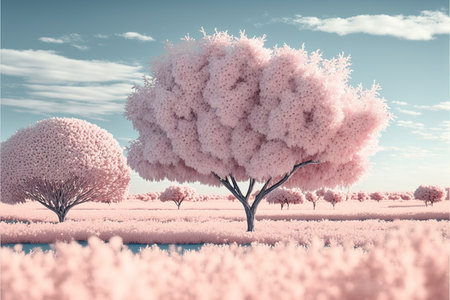 Modern abstract art tree with pink fluffy cotton leaves on the plain or meadow landscape with sky in background. Idyllic scenery in digital painting of spring and surreal concept. Superb Generative AIの素材
