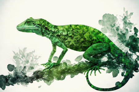 Contemporary abstract artwork double exposure of green lizard and forest landscape design, concept of animal and natural wilderness adventure. Superb Generative AI.の素材