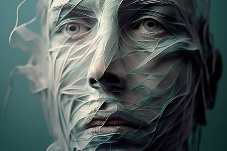 Abstract face of mystic lady glamour artistic mixing of face and fabric cloth showing concept of dream , imagination, spirit and psycology . Admirable Generative AI image .の素材