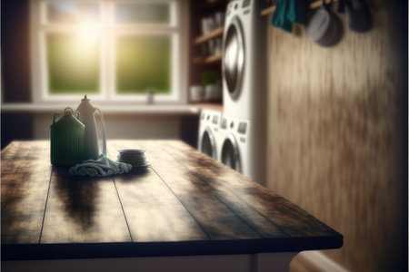 Focus empty wood table in blur laundry and washing machine background. Concept of blank space for advertising product. Finest generative AI.の素材