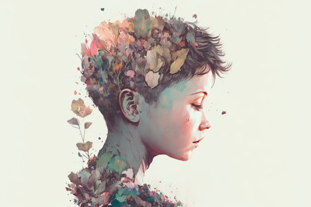 Wondrous double exposure portrait of woman in hand-painted style with watercolor of acrylics, featuring of natural decorative beautiful flowers on her head by Generative AI.の素材