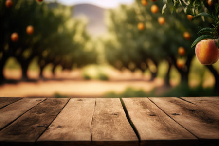 Focus in wood table with blurred peach garden tree background. Concept of blank space for advertising product. Finest generative AI.の素材