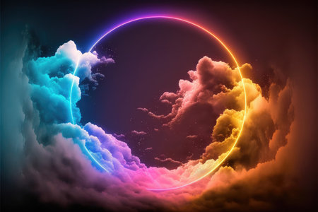 Abstract of glowing clouds circle frame illuminated with neon light on darkness sky view. Concept of futuristic minimal geometric shape in paradise. Finest generative AI.の素材