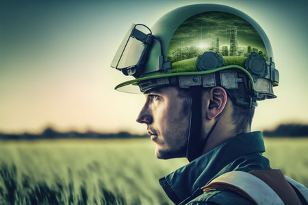 Wondrous double exposure of agronomist wearing hardhat with natural forest landscape and greenery tree as concept of sustainability energy and environmental engineering technology by Generative AI.の素材