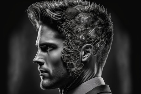 Concept of logical in wondrous double exposure mechanical gear on pensive thoughtful black suit-clad businessman planning strategy, Analytic and efficiency thinking by Generative AI.の素材