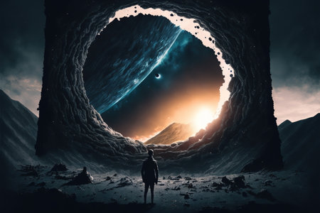 Spaceman travel through the space with mysterious sci-fi fantasy portal or start gate in wondrous alien landscape from other planet. Inspiring beauty of space exploration concept by Generative AI.の素材
