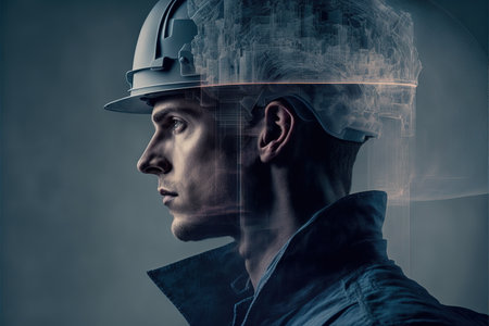 Civil engineer portrait as concept for building construct by professional with hardhat helmet engineer with wondrous double exposure of cityscape, urban with background of skyscraper by generative AIの素材