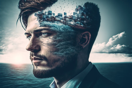 Modern sea-borne import and export product distribution. Wondrous portrait of ambitious businessman and cargo ship double exposure. Concept of goods shipping by sea by Generative AI.の素材