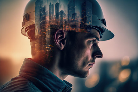 Civil engineer portrait as concept for building construct by professional with hardhat helmet engineer with wondrous double exposure of cityscape, urban with background of skyscraper by generative AIの素材