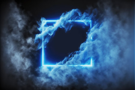 Abstract of glowing smoke square frame illuminated with neon light on darkness sky view. Concept of futuristic minimal geometric shape in paradise. Finest generative AI.の素材