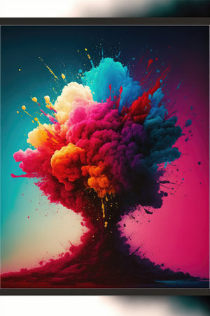 Abstract art of exploding vibrant multicolored frame. Concept of fantastic splatted colored powder. Finest generative AI.の素材