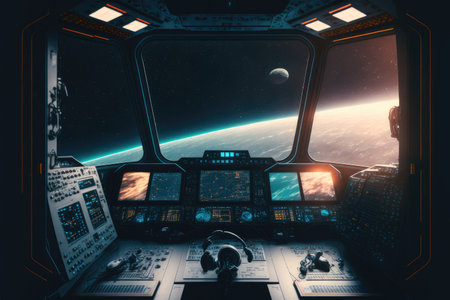 Outer view of spaceship window with control system room. Abstract discover new planet in space. Finest generative AI.の素材