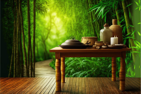 Focus wooden table with spa product isolated on blurred bamboo tree background. Concept of blank space for advertising product. Finest generative AI.の素材