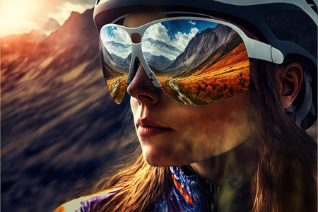 Young female cyclist portrait wearing sunglasses with wondrous reflection of natural environment of mountain landscape and beautiful sky, Fitness and extreme sport in the peak concept Generative AIの素材