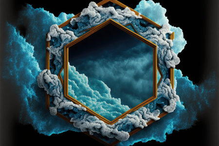 Frame made with white cloud in the sky in hexagon shape. Concept of fantasy luxurious window. Finest generative AI.の素材