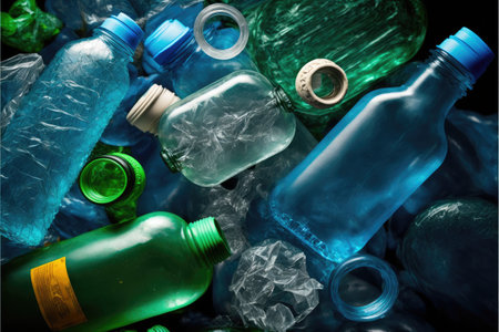 Concept of plastic recycle with blue bottle background. Inspiration of separated used plastic scrap of recyclable reducing global warming pollution. Finest generative AI.の素材