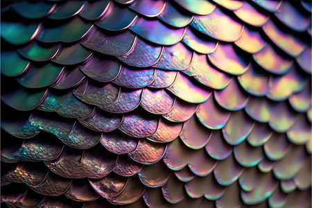 Abstract art of dragon skin in seamless iridescent fantasy scales pattern design. Closeup intricate hyper realistic beautiful animal skin. Finest generative AI.の素材