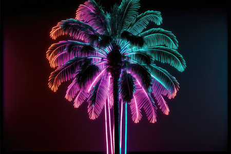 Creativity by neon palm isolated black background with reflective light. Concept of colorful and multicolored florescent lighting tree. Finest generative AI.の素材