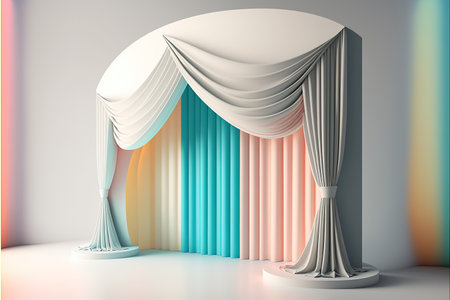 Beautiful object modern abstract stage background with colorful pastel color curtain in minimal design. Realistic mock up for product promotion. Superb Generative AIの素材