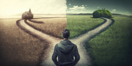Man at two roads deciding for best chance of environment protection. superlative generative AI image.の素材
