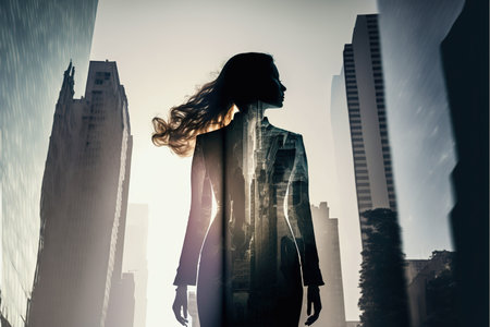Ambitious businesswoman in black suit-clad profile with background residential city highrise buildings in double exposure, Successful businesspeople with strategic plans. Superb Generative AI.の素材