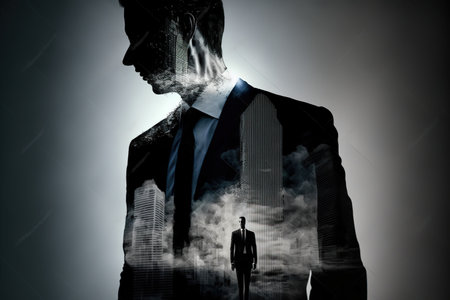 Ambitious businessman in black suit-clad profile with background residential city highrise buildings in double exposure, Successful businesspeople with strategic plans. Superb Generative AI.の素材