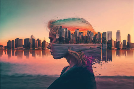 Modern abstract digital artwork in double exposure woman and cityscape background for fast-paced city lifestyle and need for clear state of mind in busy world concept. Superb Generative AI.の素材