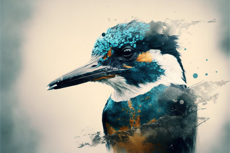 Contemporary abstract artwork double exposure kingfisher of and forest landscape design, concept of bird and natural wilderness adventure. Superb Generative AI.の素材