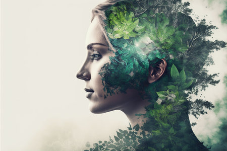 Beautiful woman portrait with blossom greenery foliage leaf hairstyle on isolated background double exposure. Girl face cover with blossom springtime leaves. Superb Generative AI.の素材