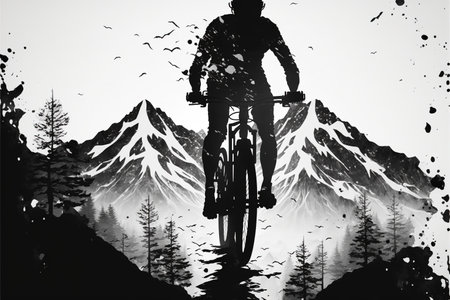 Black and white mountain biker with double exposure of forest and mountain landscape, extreme out door sport in nature with silhouette background. Superb Generative AI.の素材