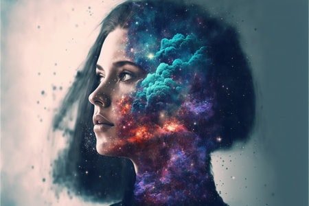 Universe and galaxy inside woman brain portrait double exposure, bright stars of milky way as metaphor concept for sense of human mind. Meditative and mental ability abstract art. Superb Generative AIの素材