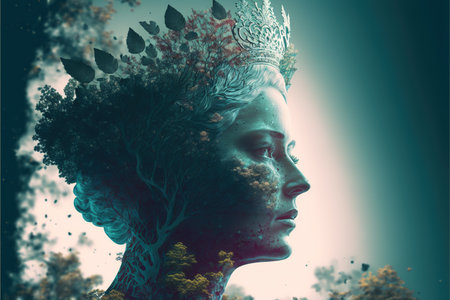 Majestic queen of the forest profile double exposure with natural greenery and foliage texture with crown floral design on her head. Fantasy princess of the woods. Superb Generative AI.の素材