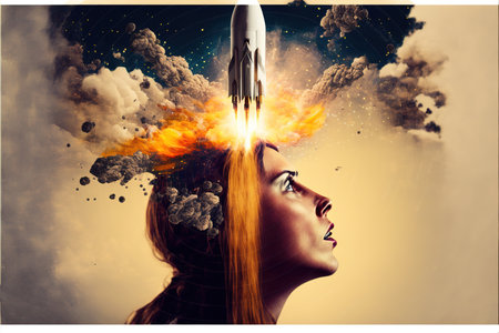 Double exposure woman portrait with space rocket takeoff and launch into sky as creative concept for business startup company symbolizing idea of company skyrocketing to success. Superb Generative AIの素材
