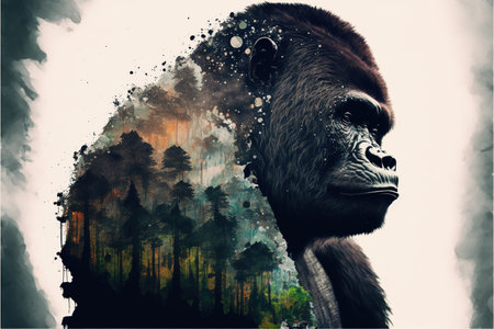 Male gorilla with powerful shoulder and strength with calmly look, large monkey in double exposure with jungle of africa as concept of animal art. Superb Generative AI.の素材