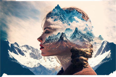 Double exposure woman portrait with cloudscape and mountain range background for sense of peaceful tranquility concept. Meditative natural freshness and mental abstract art. Superb Generative AIの素材
