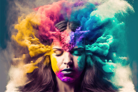 Woman with powerful vivid powder explosion on her head as symbol for inner stress and negative though for intense emotion mental health in modern abstract art design. Superb Generative AI.の素材