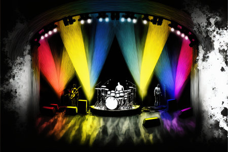 Vibrant energy of musical performance on stage captured in a contemporary digital abstract artwork design, vivid rainbow-colored stage, musical band and instrument with audiences. Superb Generative AIの素材