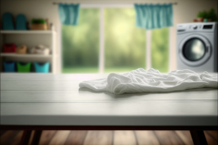 Focus table placing towel in blur laundry and washing machine background. Concept of blank space for advertising product. Finest generative AI.の素材