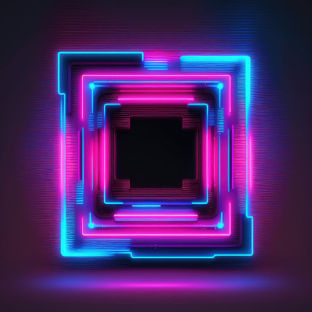 Overlapped Lightning neon magical square effecting on black background. Reflection of glowing digital abstract portal effect on cyberpunk concept. Finest generative AI.の素材