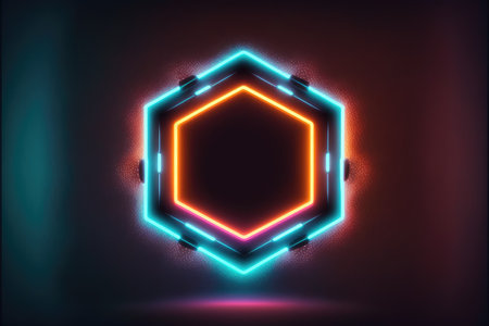 Abstract of neon hexagon shape isolated on space background in reflective colorful spotlight. Theme of lighting frame digital art design innovation. Finest generative AI.の素材